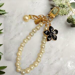 Bag Charm Pearl Beads with Enamel Black Flower Accent